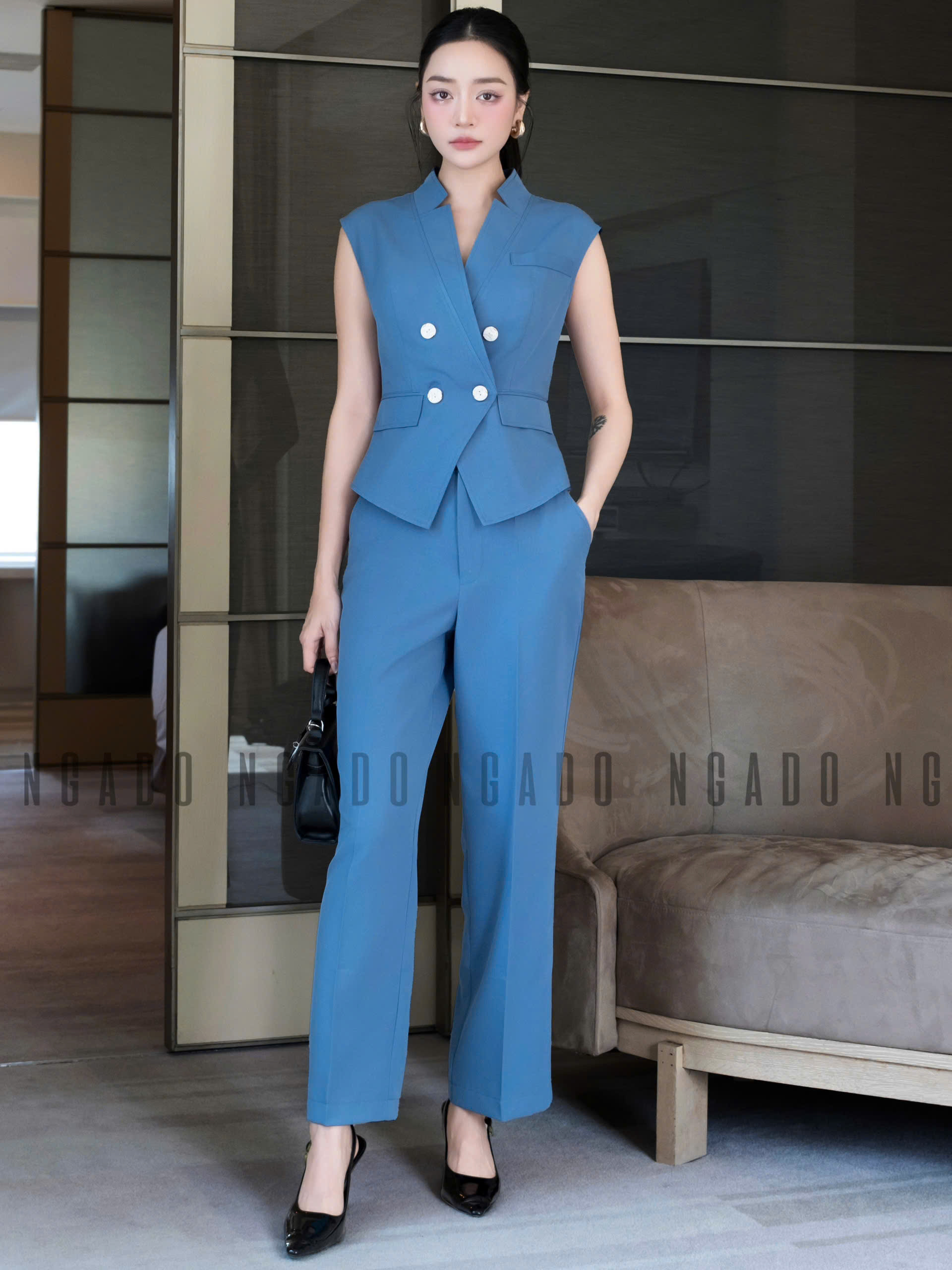 Set vest xanh cổ V NGADO , set áo quần Nữ , set công sở