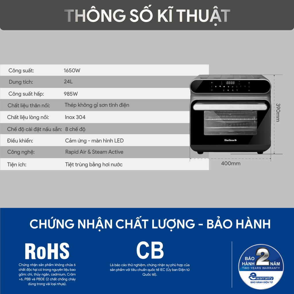 Nồi Chiên Không Dầu Kết Hợp Chức Năng Hấp BlueStone  AFB-5895 (24 Lít) - Hàng chính hãng