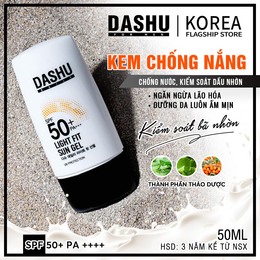 Kem chống nắng vật lý dạng Gel Dashu Daily Light Fit Sun Gel SPF50+ PA+++ 50ml không bám dính, triết xuất từ thiên nhiên không gây kích ứng trên da nhạy cảm, chứa Titanium Dioxide chống tia cực tim, tia UV, khói bụi mịn, kim loại nặng.