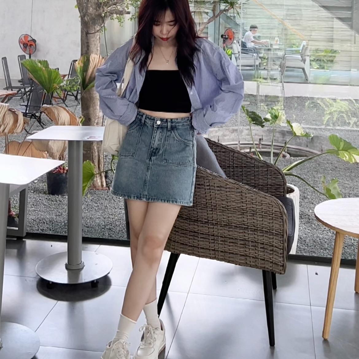 Chân Váy Jean Ngắn TÚI HỘP Chữ A Cạp Cao Hàn Quốc