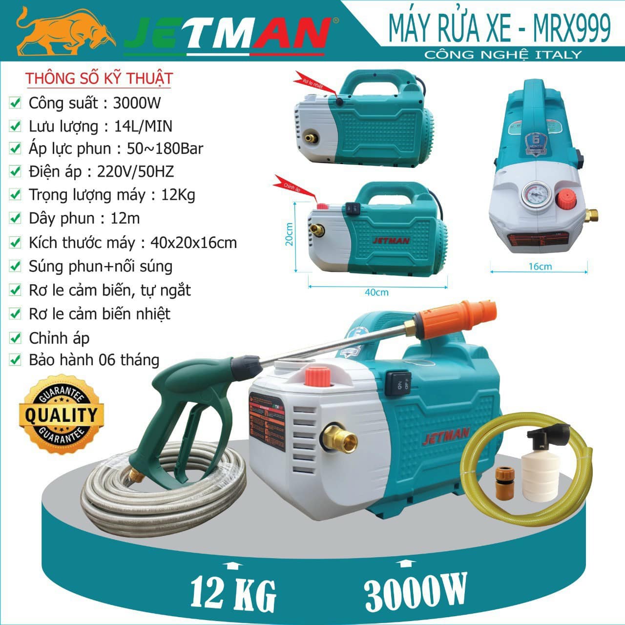 Máy rửa xe áp lực cao JETMAN MRX 999 - Công suất 3000W NẶNG 12KG - ITALY Technology