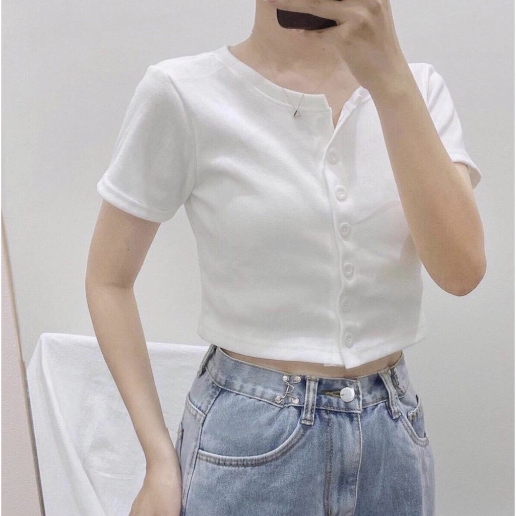 Áo thun croptop - áo ngắn nữ cộc tay cổ tròn cài khuy chất tăm nhiều màu cá tính