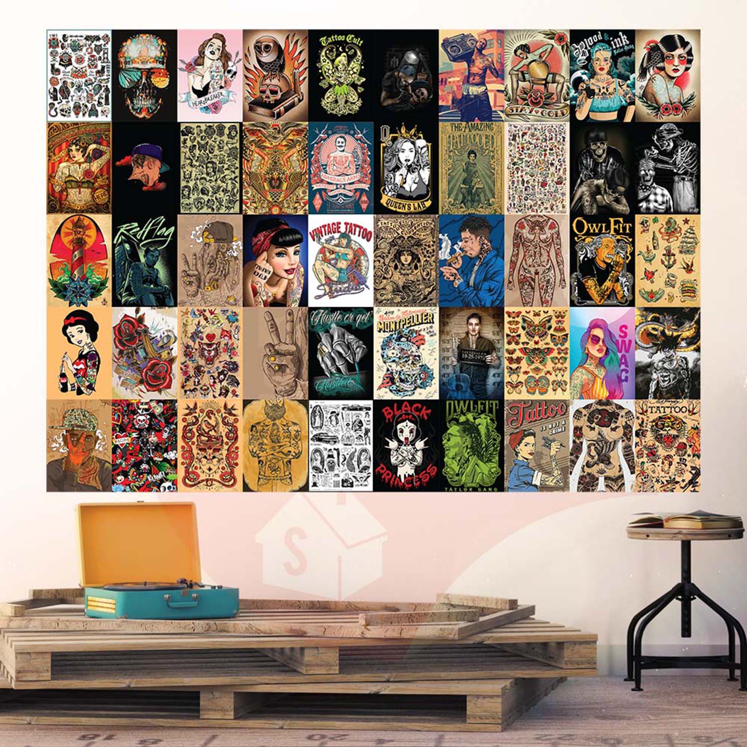 TATTOO - Set 50 Poster A4 dán tường trang trí decor quán nhà cửa - STICKER FACTORY