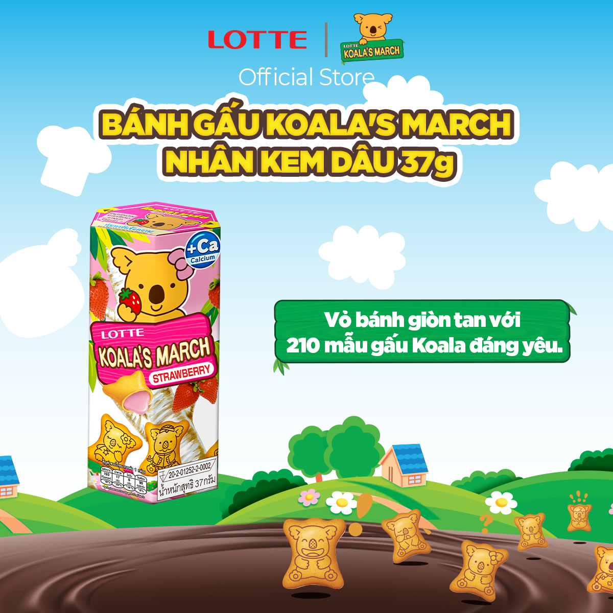 Combo 6 hộp Bánh gấu Koala's March nhân Kem Dâu 37 g