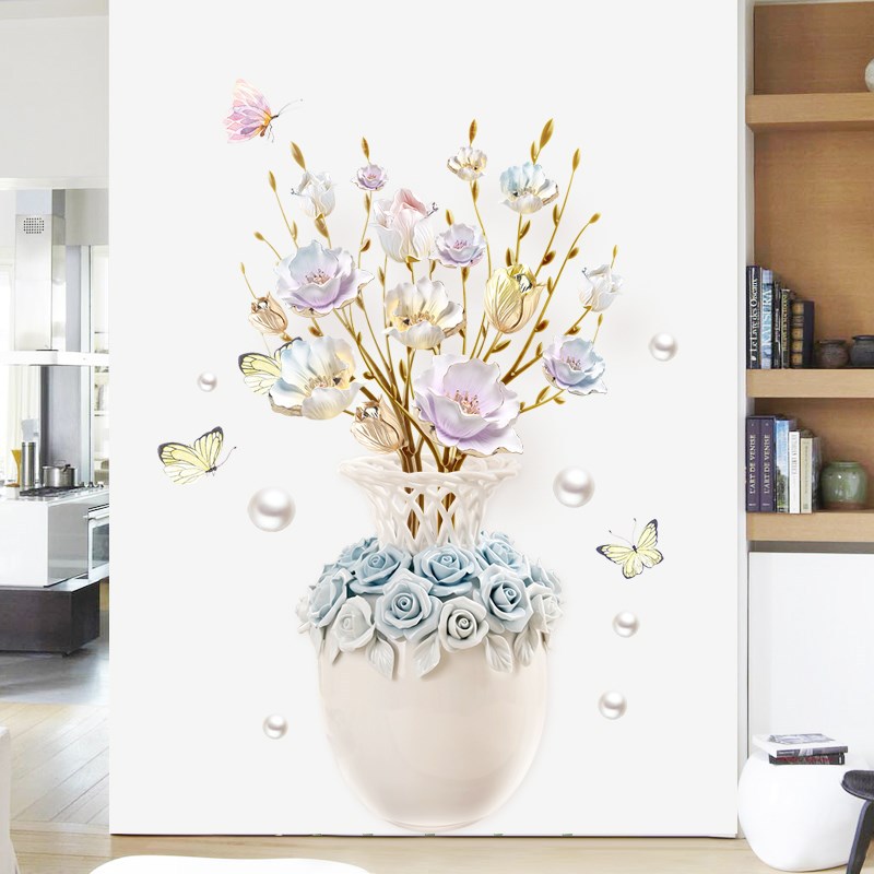 Decal dán tường bình hoa hồng 3D sang trọng