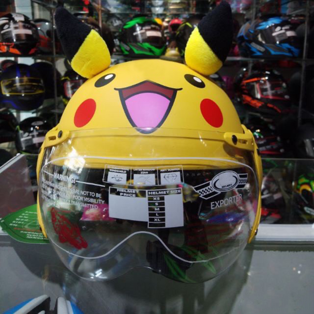 Mũ bảo hiểm bảo vệ đầu trẻ em có kính chống bụi cho bé Pikachu vàng có tai siêu dễ thương