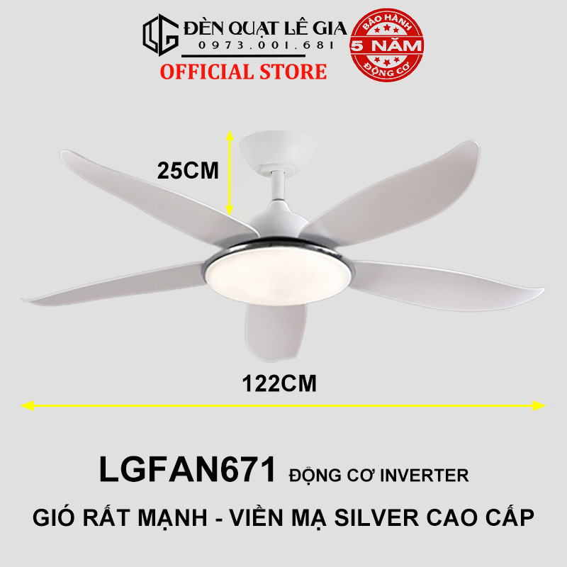 Quạt Trần Đèn Gió Mạnh LÊ GIA LGFAN671 - Chiều Cao 25cm - Sải Cánh 122cm - Bảo Hành 5 Năm