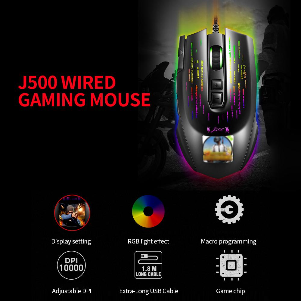 HXSJ J500 USB Wired Gaming Mouse RGB Gaming Mouse with Display Screen Six Adjustable DPI for Desktop Laptop
