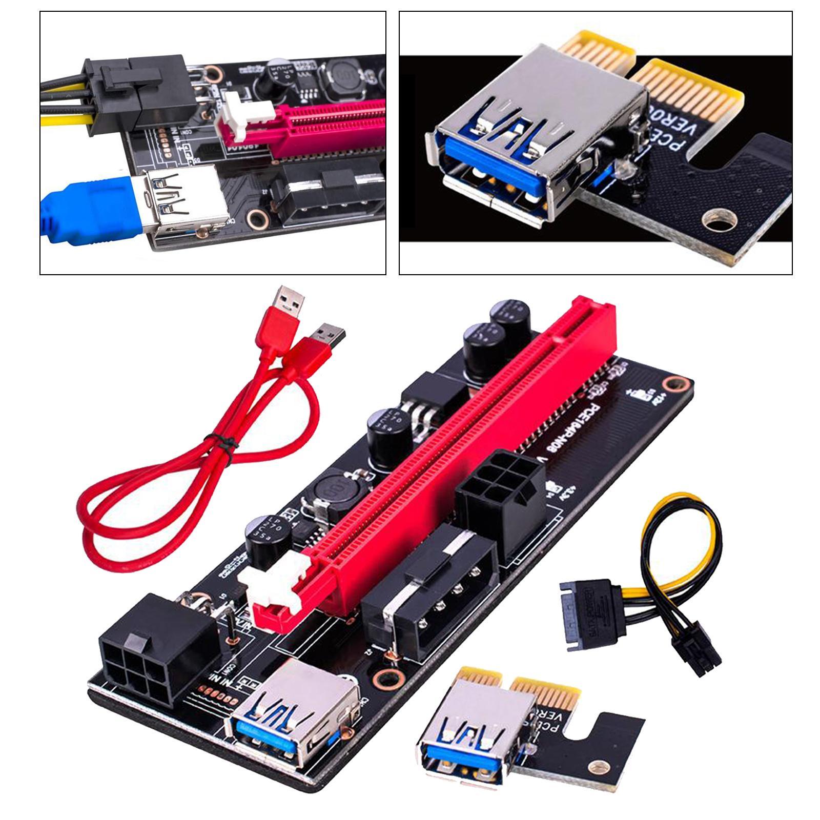 PCIE Riser Card Adapter Riser Card PCI-E 008s 4Pin SATA 6PIN 1x to 16x 2x USB3.0 Adapter Card