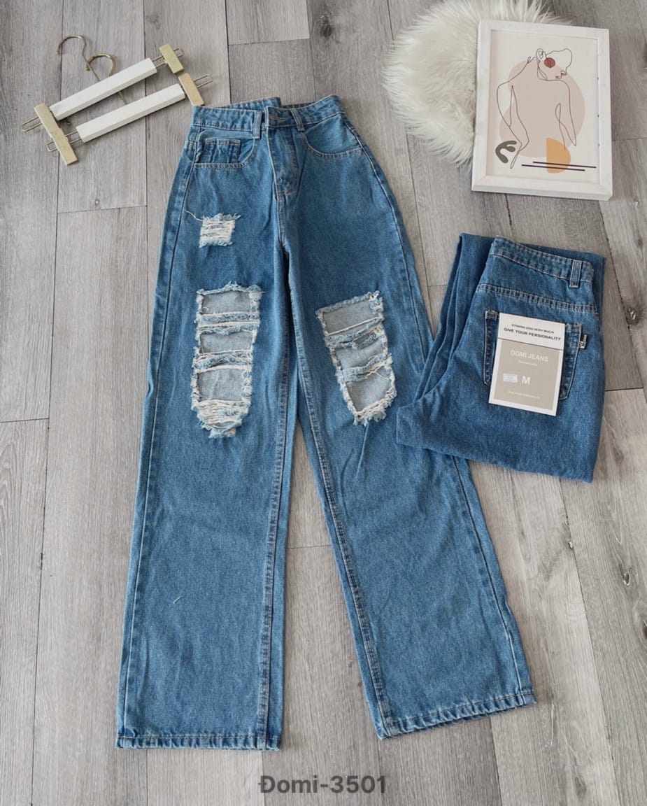 Quần baggy jean ống suông rách gối thời trang