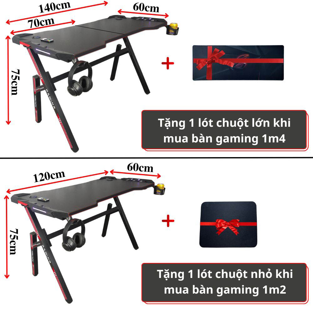 Bàn gaming Hero Fufutech có giáp đèn LED trang trí 7 màu tuỳ chỉnh, mặt bàn tích hợp lỗ sạc USB, móc treo tai nghe, khay đựng cốc gấp gọn tiện lợi kích thước 1m2, 1m4