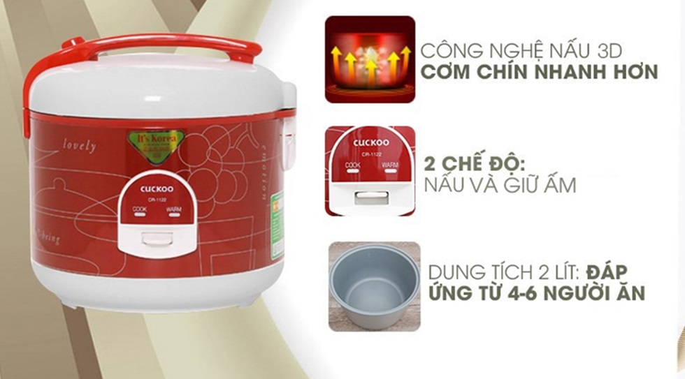 Nồi cơm điện Cuckoo 2.0L CR-1122 Màu đỏ - Giữ ấm tối đa, lòng nồi chống dính- Phiên bản Quốc tế - Hàng chính hãng Cuckoo Vina