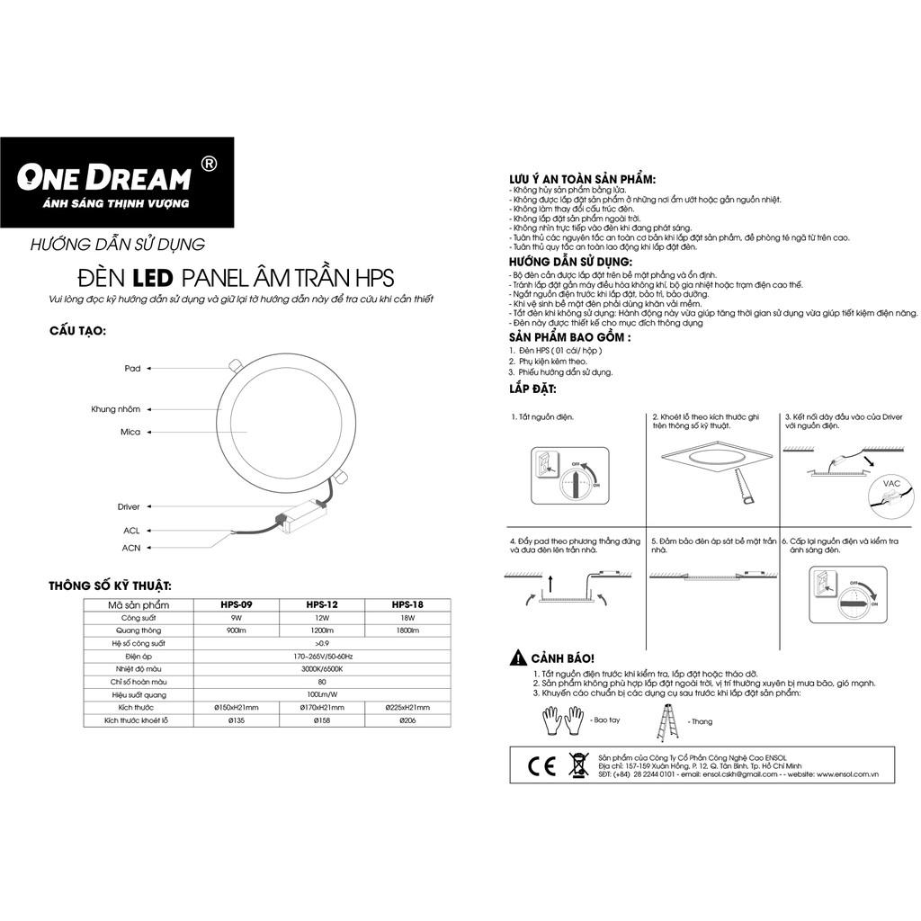 Đèn led Panel âm trần HPS-09 9W, HPS-12 12W, HPS-18 18W . Đèn Led One Dream siêu sáng, tiết kiệm điện năng