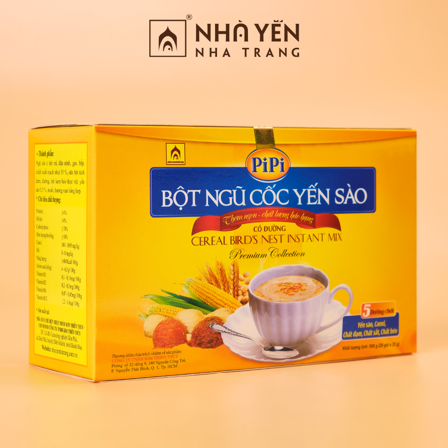 Bột Ngũ Cốc Yến Sào PiPi - Nhà Yến Nha Trang - Hộp 20 Gói - Loại Có Đường - Bột Ngũ Cốc Dinh Dưỡng - Ngũ Cốc Ăn Sáng - Hàng Chính Hãng