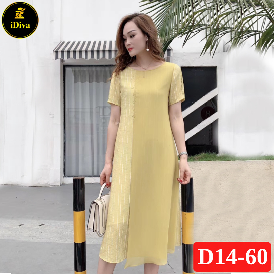 Đầm suông trung niên cao cấp iDiva D14-60, chất liệu lụa phối voan, dáng suông bigsize phù hợp u50 dự tiệc sang trọng