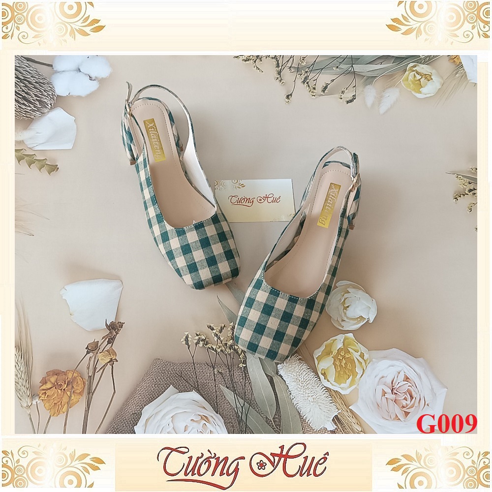 Giày Cao Gót Mũi Vuông Họa Tiết Caro Gót Vuông Cao 4CM - Hàng Quảng Châu