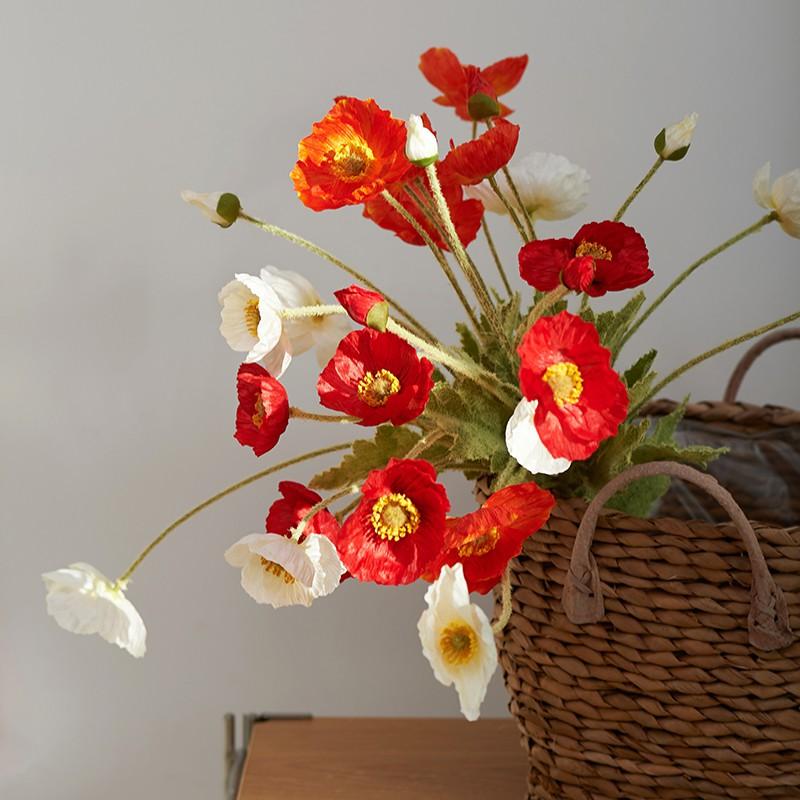 Hoa giả, cành hoa anh túc 3 bông trang trí nhà cửa dài 60cm Flowermini AT-01