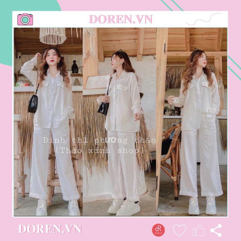 Set áo sơ mi nữ vải đũi dáng suông dài tay + quần suông đũi trắng form rộng DOREN DRAQ001