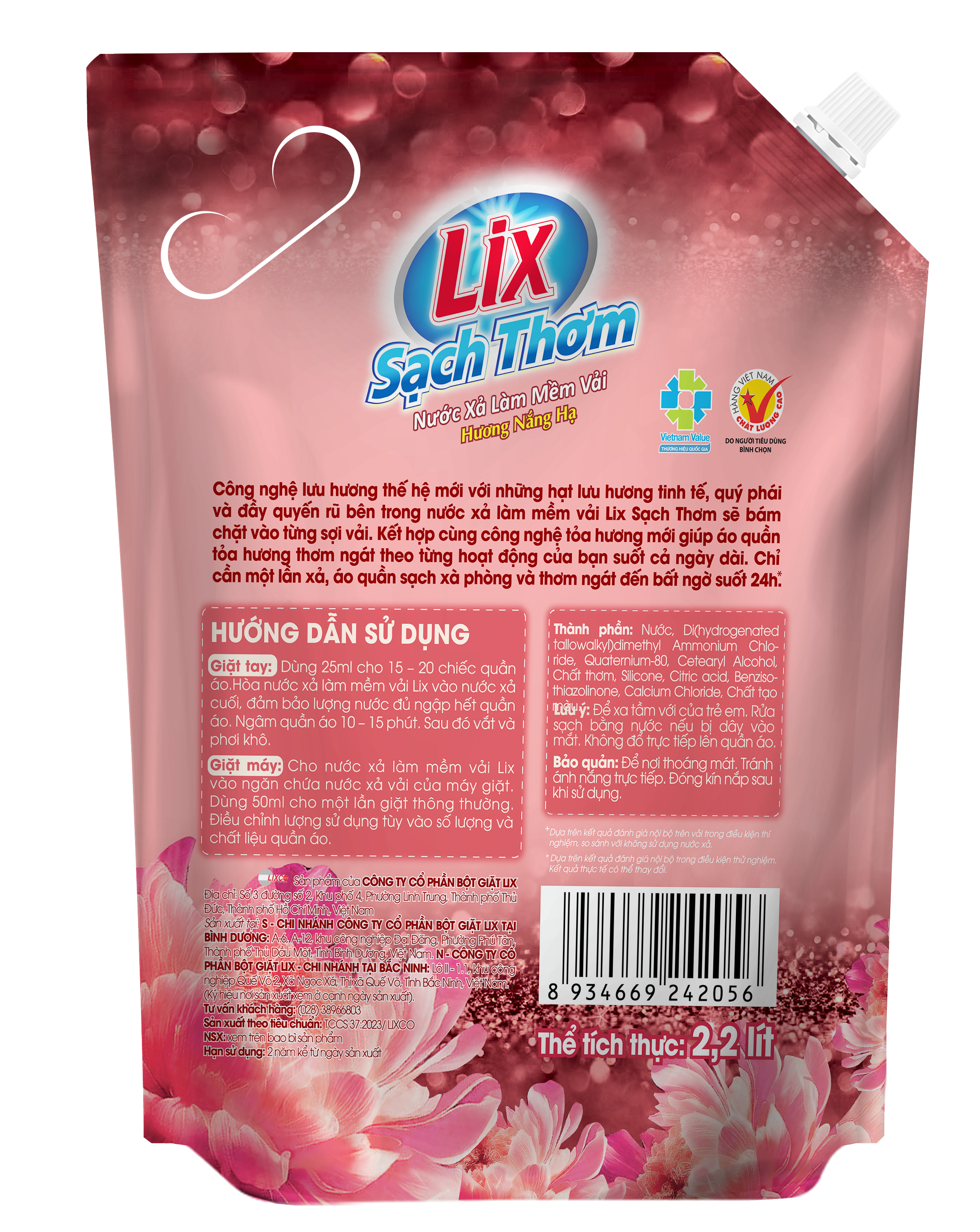 Nước xả làm mềm vải Lix sạch thơm hương nắng hạ 2.2L - 17602