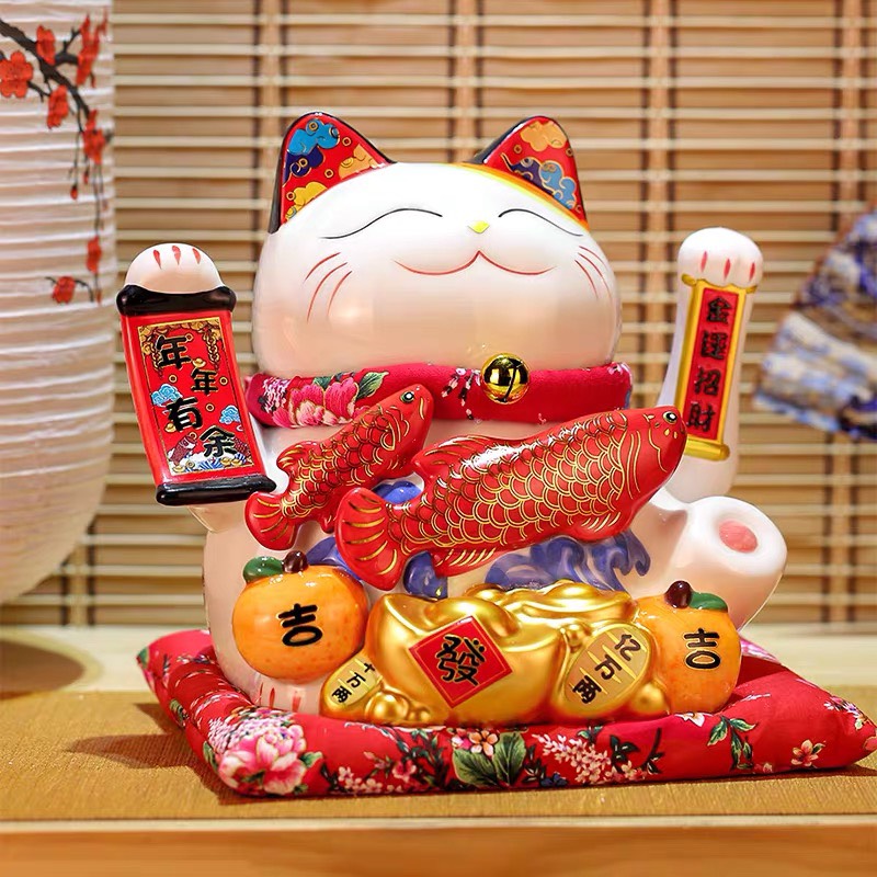 Mèo Thần Tài Sứ , Mèo May Mắn Maneki Neko cao 23cm. Vẩy Tay Gọi Khách BÁT PHƯƠNG KHAI TÀI