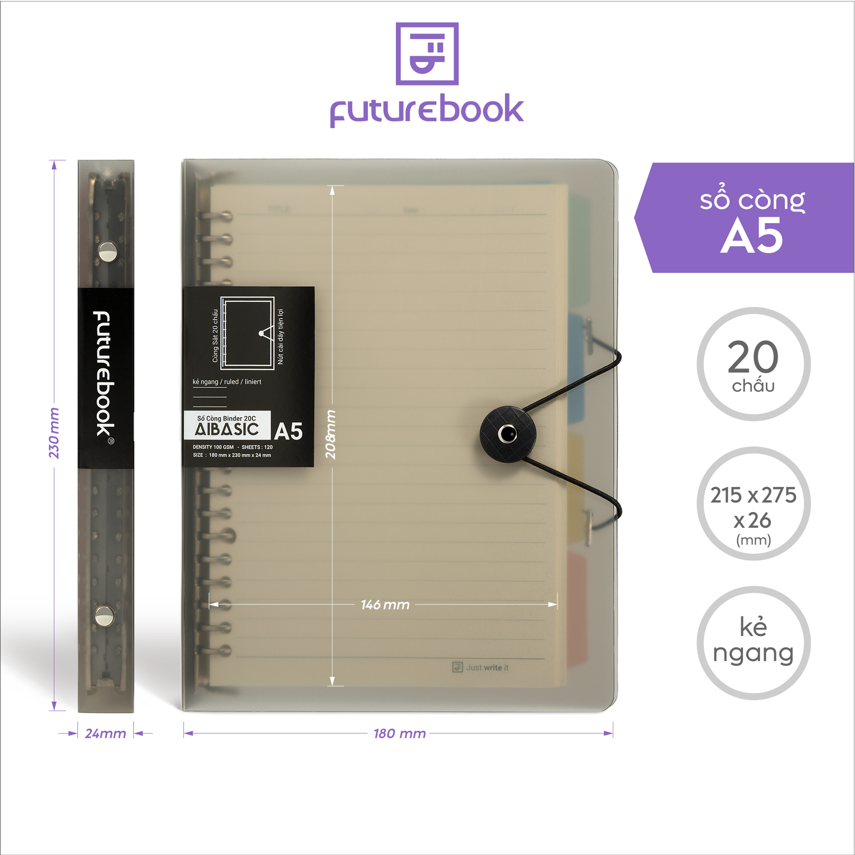 Sổ còng binder Aibasic A5 20 chấu, B5 26 chấu, A4 30 chấu, kèm ruột giấy refill, làm sổ tay planner FUTUREBOOK