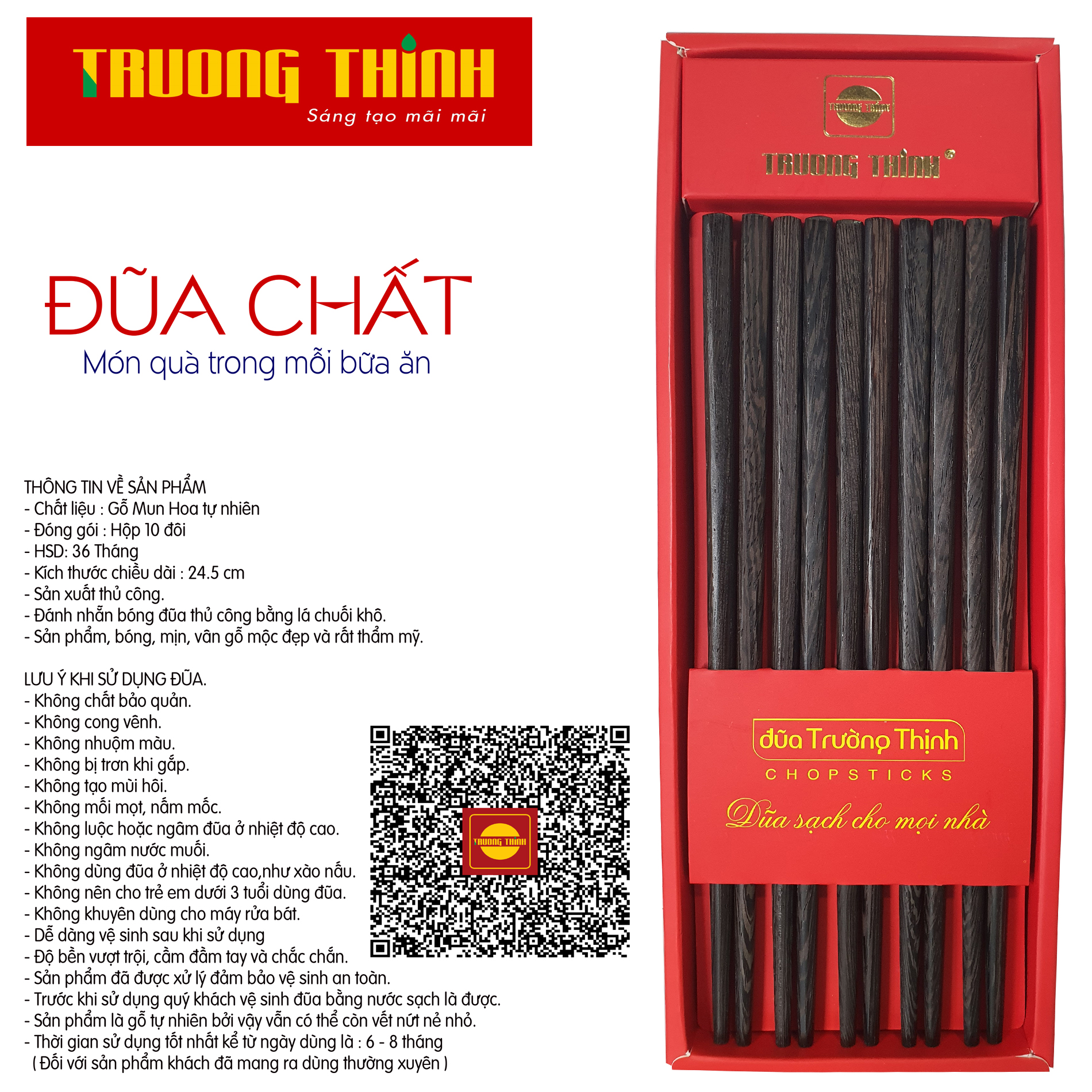 Đũa Gỗ Mun Hoa Đen Cao Cao Cấp Trường Thịnh Loại Đặc Biệt/ Hộp Màu Đỏ/ 10 Đôi Vuông Trơn