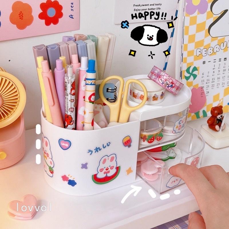 Khay kệ đựng bút đa năng để bàn hình bầu kèm Sticker decor bàn học cute - Khay cắm bút, cọ trang điểm, phụ kiện học tập