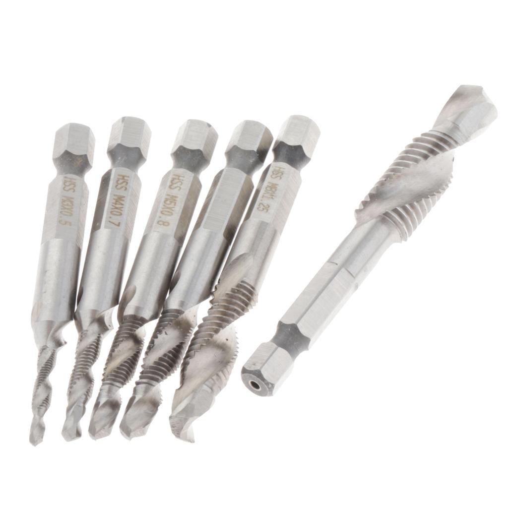 Set of 6 HSS Steel Combination Drill and Tap Bit Set with 1/4 inch Hex Shank - Metric M3 M4 M5 M6 M7 M8 M10