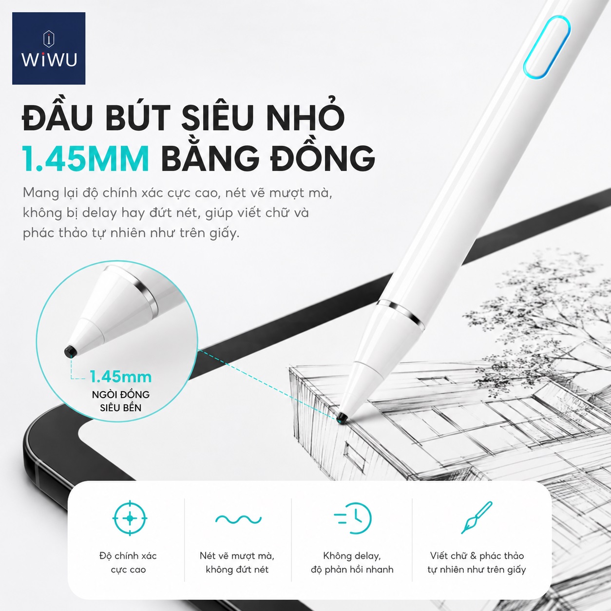 bút cảm ứng thông minh 1.45mm nét siêu mảnh tương thích iPhone iPad Androids Windows WIWU Picasso P339 Pin 10h, Bật Là Dùng - Không Cần Bluetooth, Viết Tự Nhiên, Vẽ Mượt Mà, Tương Thích Đa Thiết Bị - Hàng nhập khẩu