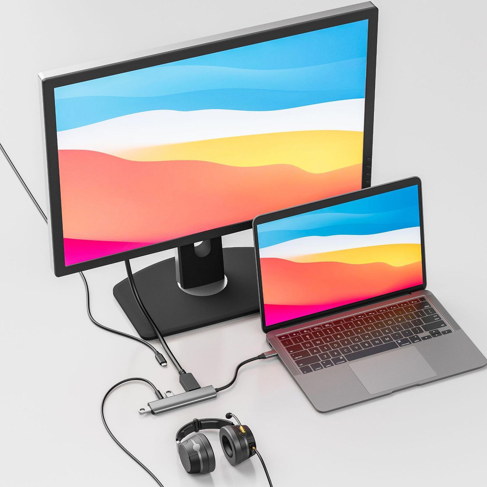 5 in 1 USB C Hub 2 USB 2.0 Ports 4K@60Hz DisplayPort 3.5mm Jack 60W PD Charger Multiport Adapters for Smartphones Tablets Desktop Headphones