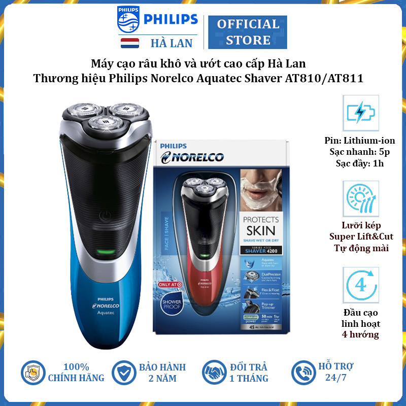 Máy cạo râu khô và ướt cao cấp Philips Norelco Aquatec Shaver AT810/41 AT811/41 hệ thống lưỡi kép Super Lift&amp;Cut - Hàng Chính Hãng