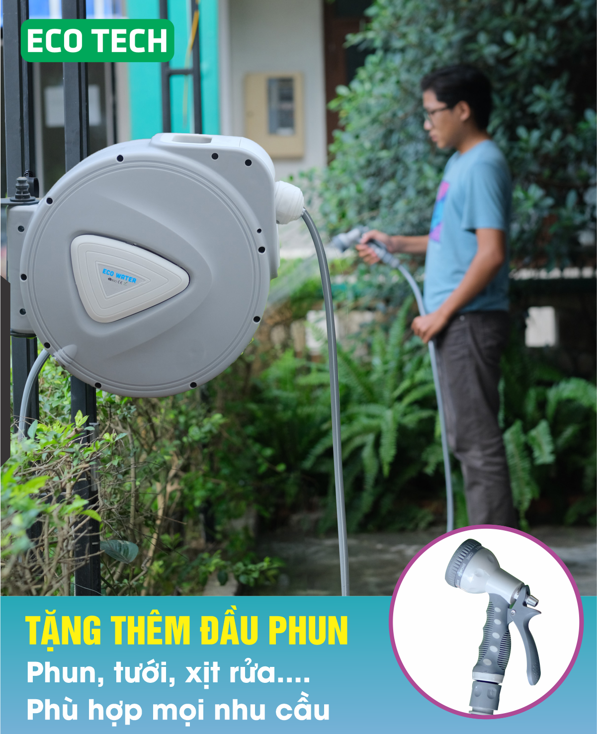 CUỘN VÒI TƯỚI ĐA NĂNG ECO HOSEREEL. Dùng cho sân vườn, Tiêu chuẩn châu Âu, Sang Trọng - Bền bỉ - Hiệu quả. TẶNG KÈM ĐẦU PHUN 9 CHẾ ĐỘ