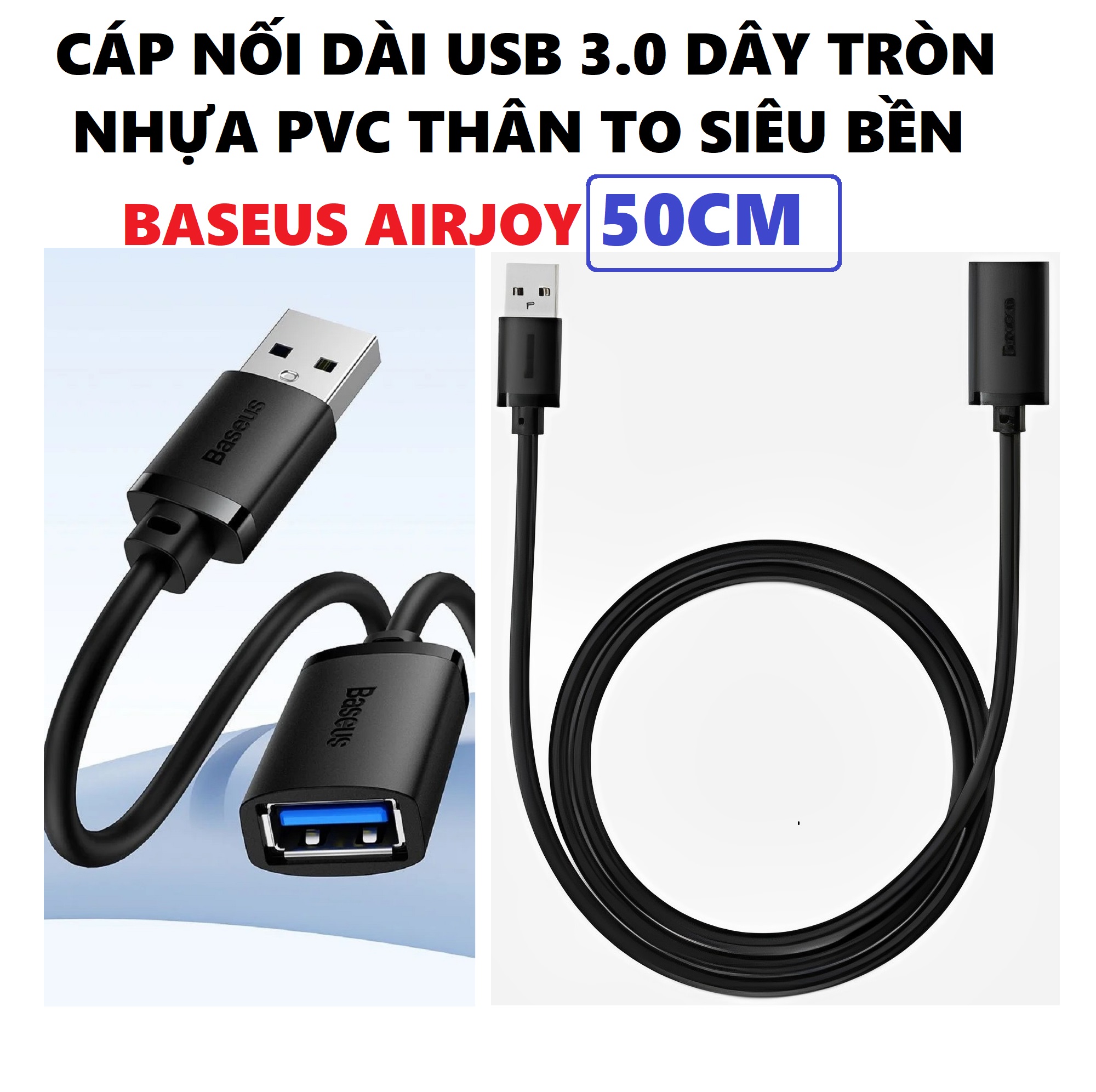 Dây cáp nối dài Usb 3.0 5Gbps nhựa PVC thân tròn to siêu bền Baseus Airjoy 0.5m - 5m _ Hàng chính hãng