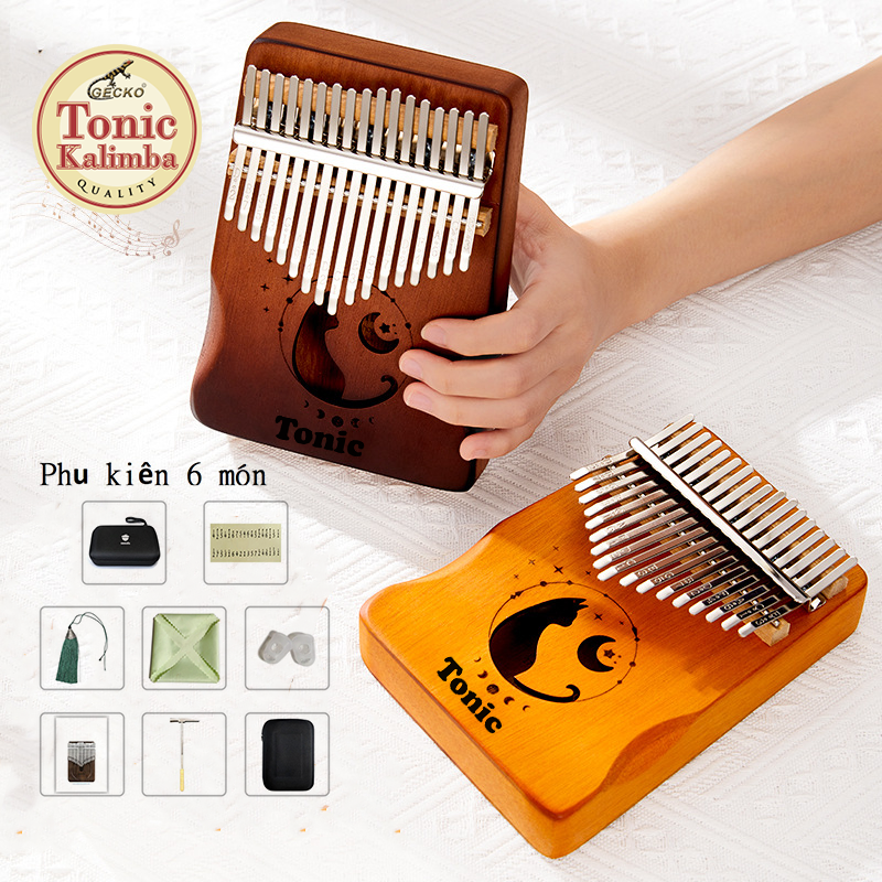 Trọn bộ 6 phụ kiện- Đàn kalimba gỗ hộp cộng hưởng Tonic 17 phím cao cấp loại 1 hình mèo cute MB17K- Hàng chính hãng