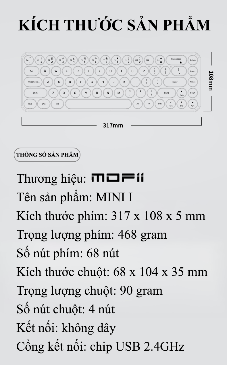 Bàn phím và chuột không dây MOFII MINI I kết nối bằng chip USB 2.4 GHz màu sắc dễ thương, thiết kế mini size cực kỳ nhỏ gọn - HÀNG CHÍNH HÃNG