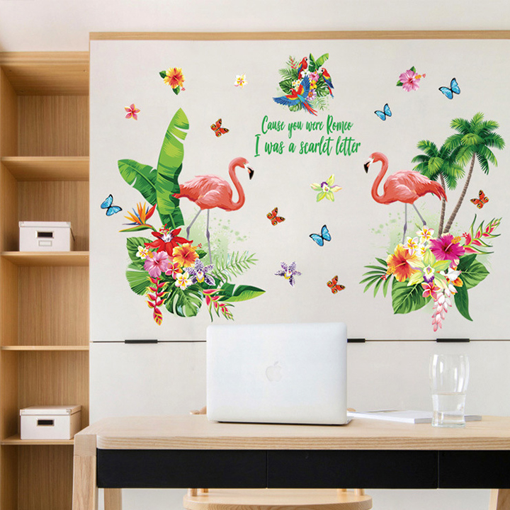 Decal dán tường chất liệu PVC loại 1 trang trí phòng khách- Đôi hạc lá xanh