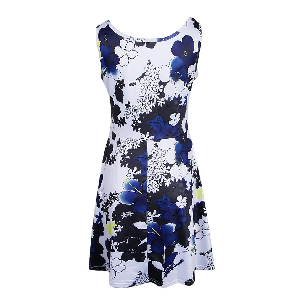 Women Floral Dress Summer Sleeveless Round Neck Casual Flared Midi Dress