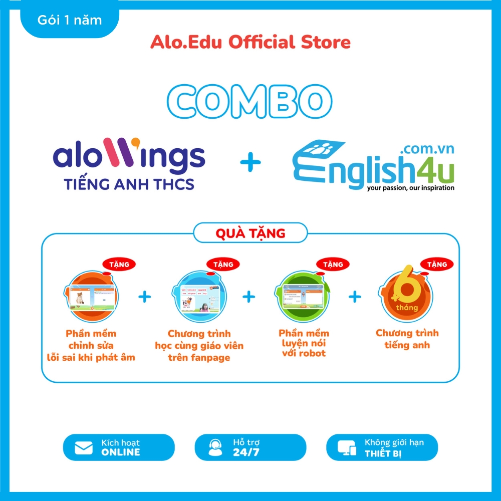 Combo ALOWINGS Tiếng Anh và ENGLISH4U - Nhận mã kích hoạt khóa học tiếng Anh online từ Lớp 6 đến Lớp 12