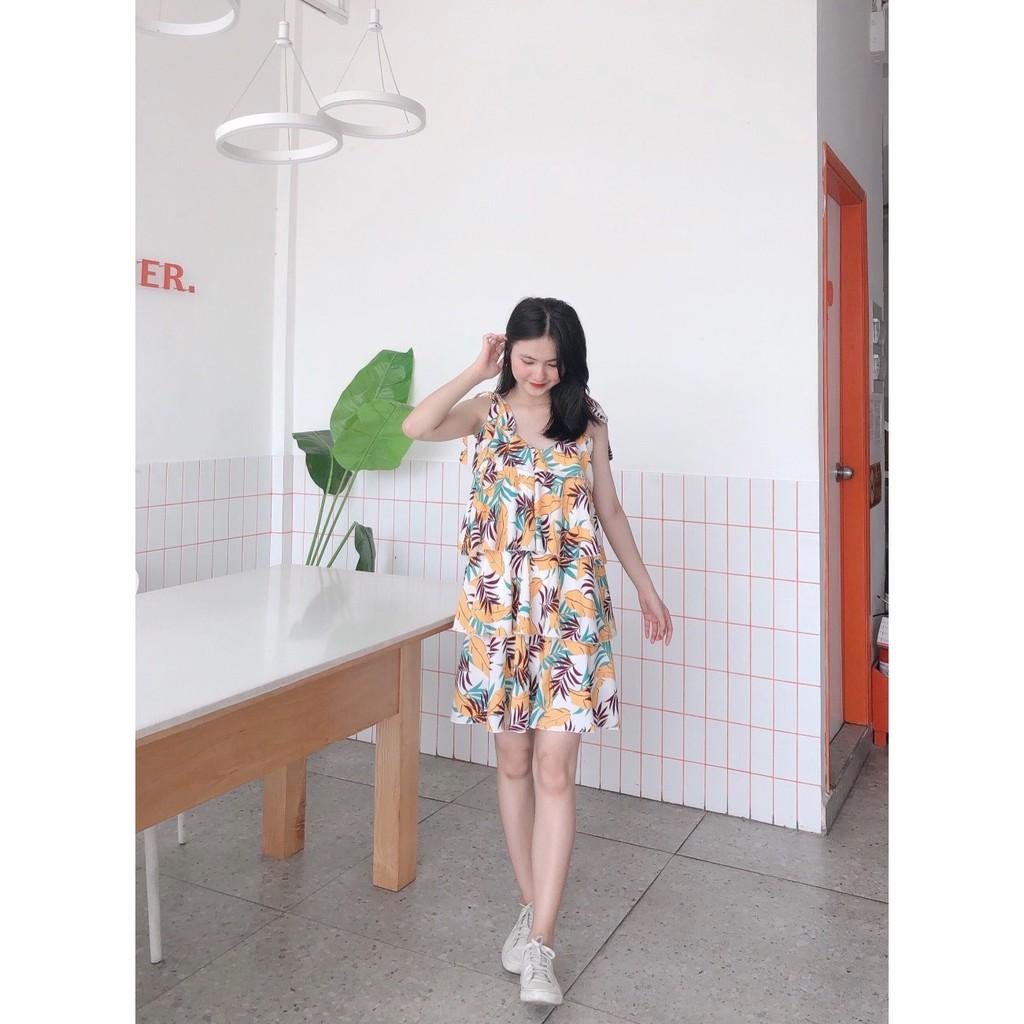 ĐẦM HOA 2 DÂY LỤA HÀNG THẮT NƠ TAY 3 TẦNG DÁNG XÒE-hình thật shop chụp