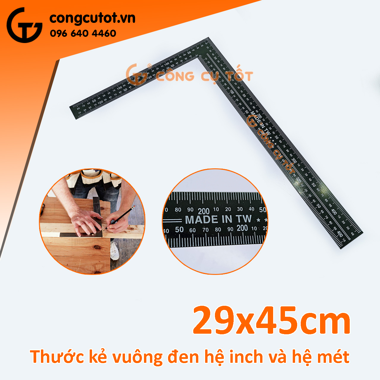 Thước kẻ vuông đen hệ inch và hệ mét 29x45cm