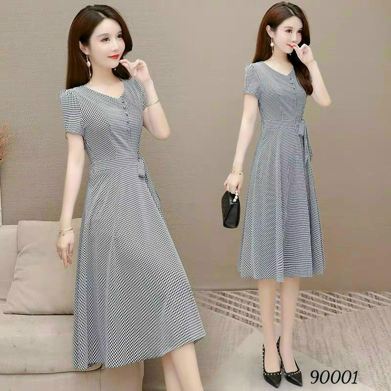 Đầm caro dài qua gối phối cột dây eo chất siêu đẹp