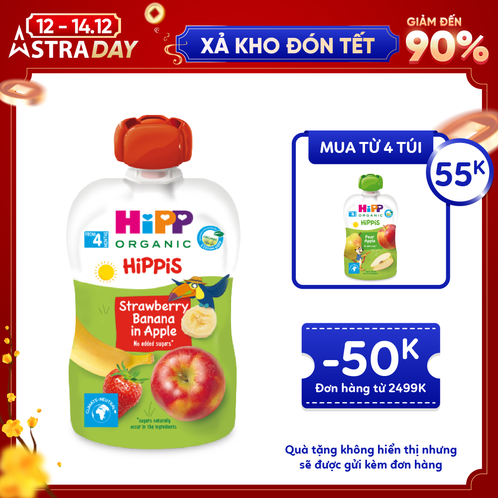 Dinh dưỡng 100% Trái cây nghiền Organic HiPPiS Dâu tây, Chuối, Táo