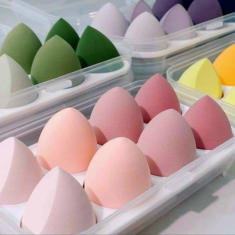 Mút trang điểm 4 món hình  quả trứng ,trái cây  , bông tán phấn  nhiều màu có hộp đựng , xinh xắn  siêu đáng yêu cute