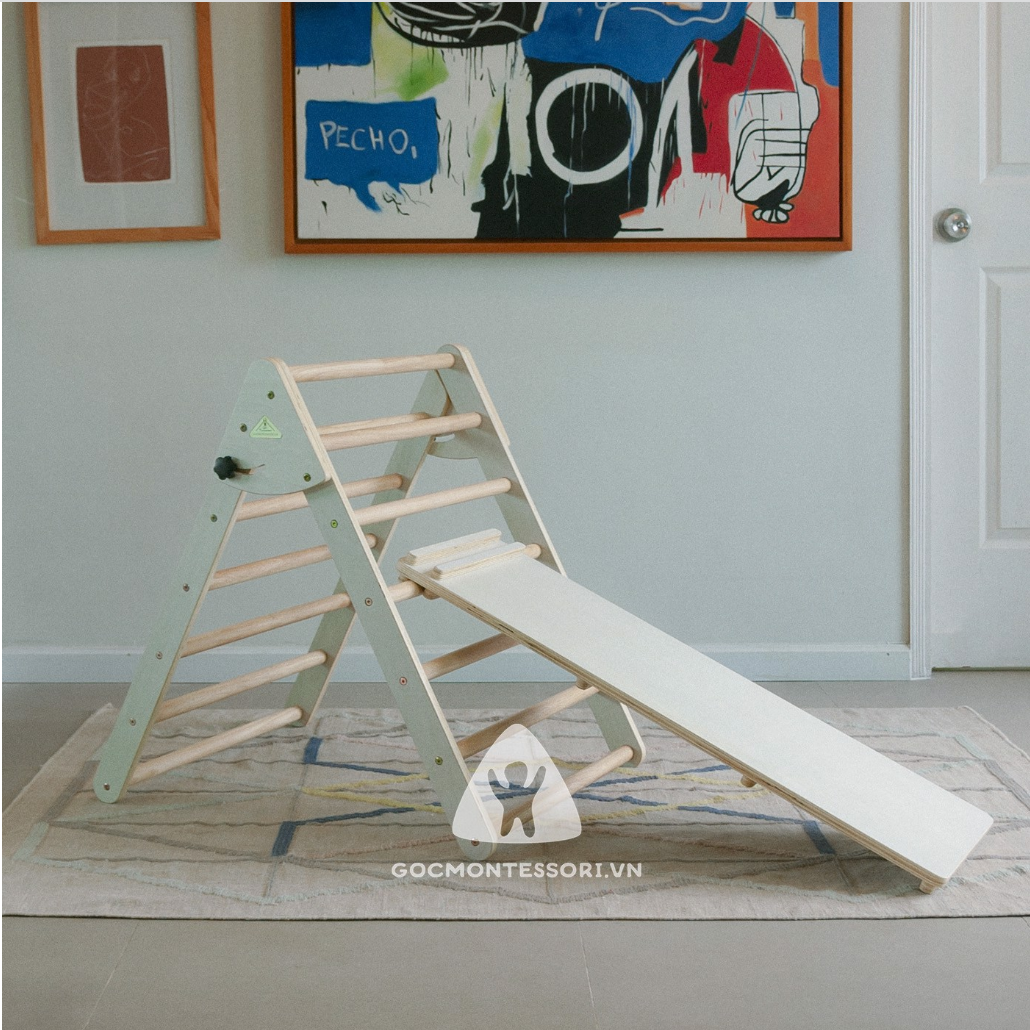 Combo Pikler Triangle 95cm Góc Montessori Giúp Trẻ Phát Triển Vận Động Thô: Thang Tam Giác Vận Động Gấp Gọn + Tấm Trèo Kiêm Cầu Trượt 95cm