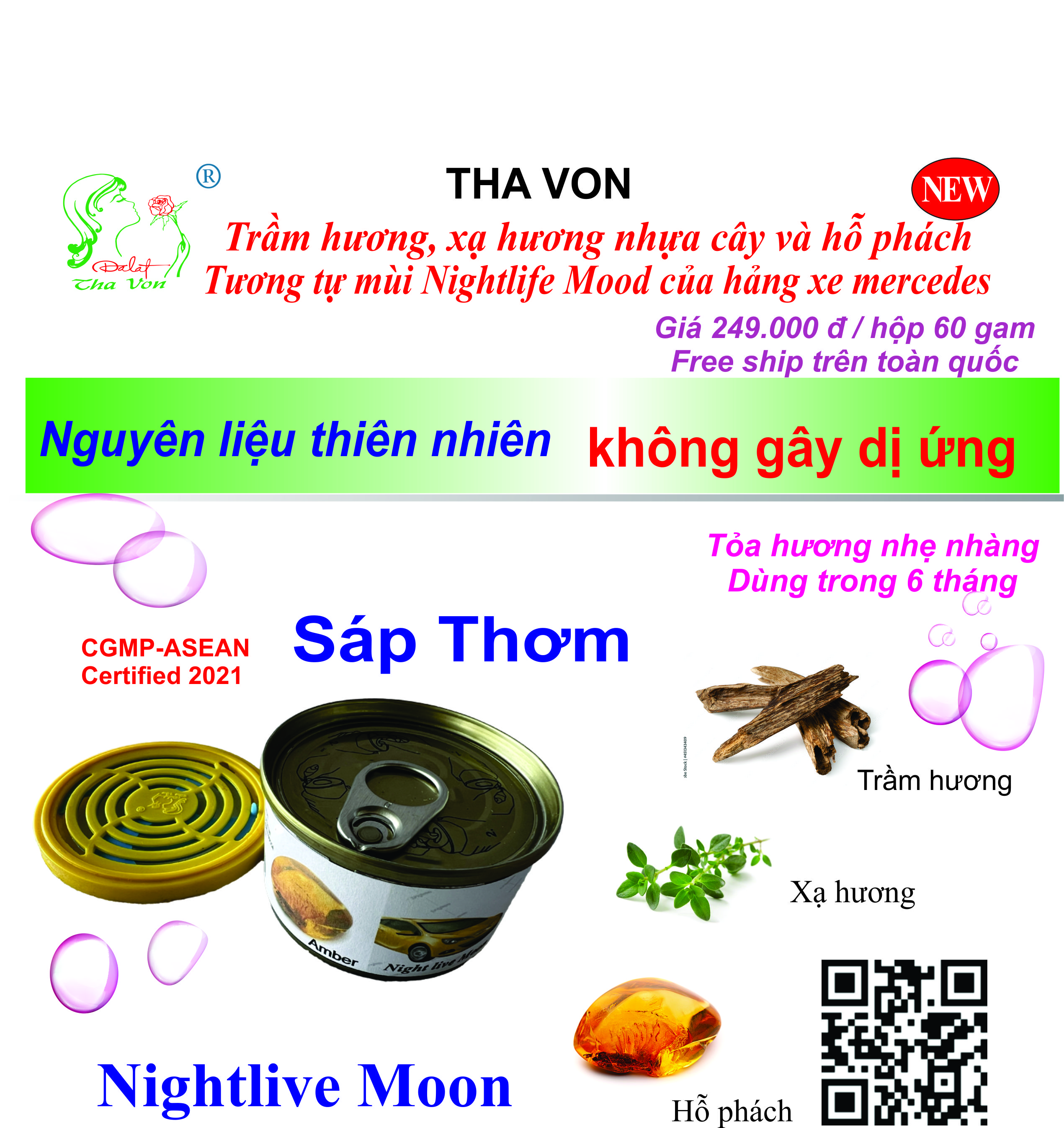 Sáp Thơm Ô Tô Hương Nightlive Moon – Nước hoa riêng cho quý ông – mùi gỗ phương Đông (trầm hương, xạ hương, nhựa cây) và hổ phách Miss Dalat 60 gam