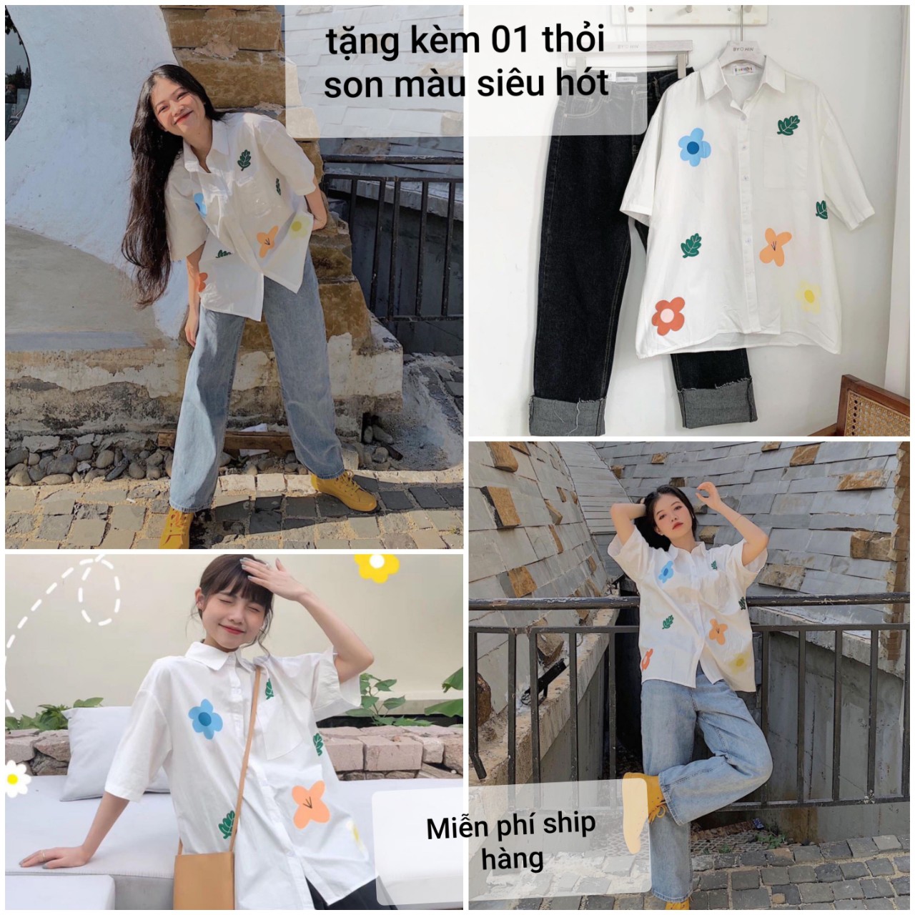 Sơ mi trắng túi ngực tay lỡ họa tiết hoa lá