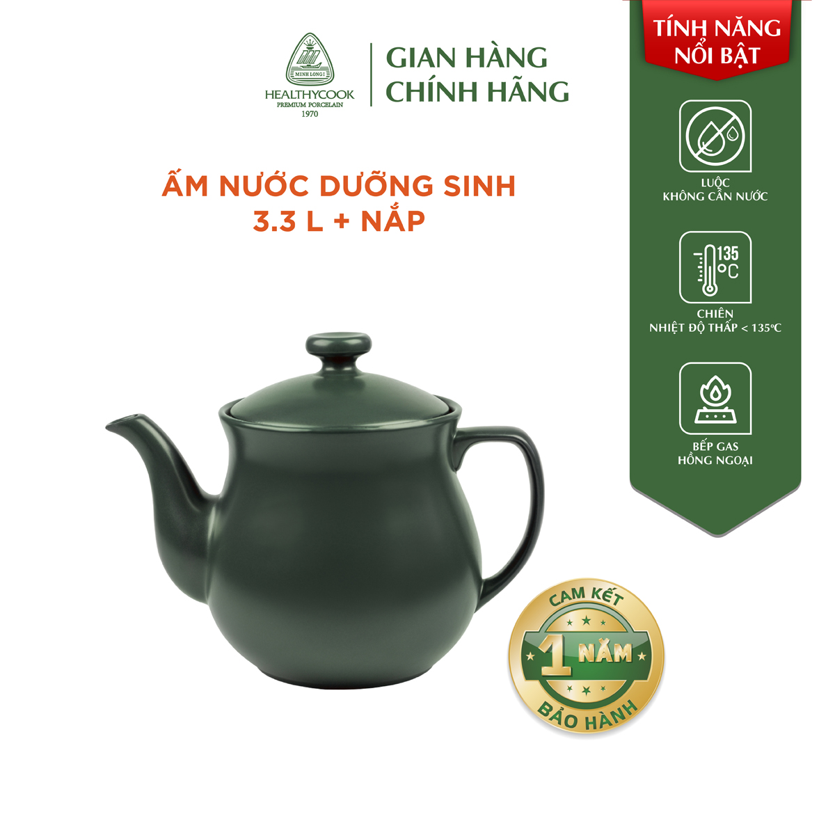 Ấm nước (Siêu thuốc) dưỡng sinh 3.3 L + nắp  Healthy Cook Xanh Rêu Sứ cao cấp Minh Long