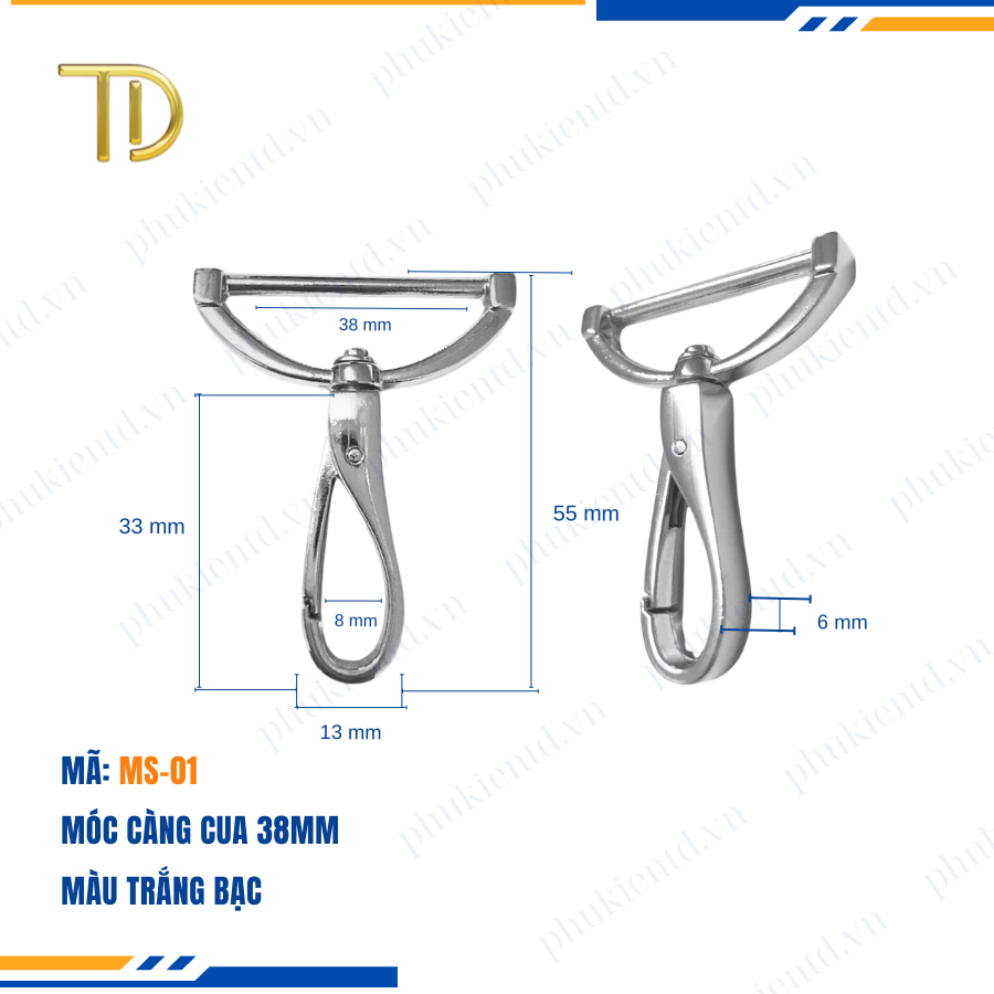 Móc càng cua túi xách,móc khóa càng cua túi xách,móc chó túi xách 38mm Mạ điện bền 5-8 năm
