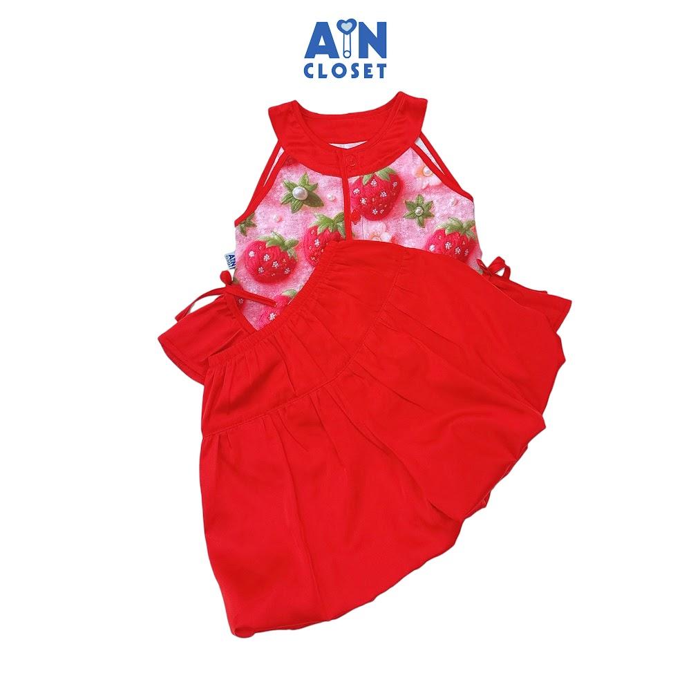 Set bộ quần áo Ngắn bé gái họa tiết Dâu 3D Lụa Đỏ cổ yếm - AICDBGXQH6LA - AIN Closet