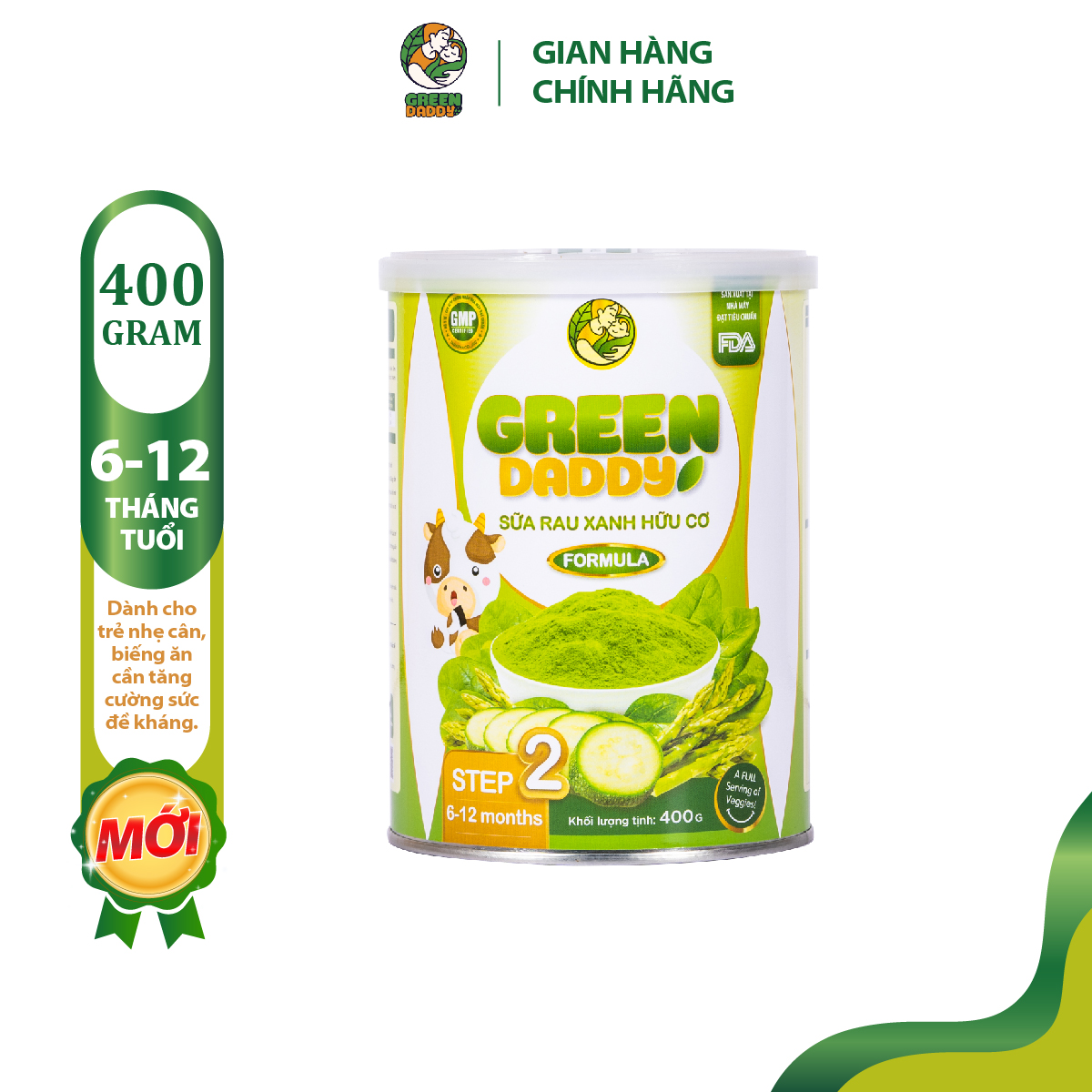 Sữa bột, Sữa non Rau Xanh Hữu Cơ Green Daddy Formula Step2 lon 400g hỗ trợ bé ăn ngon, tăng sức đề kháng, dành cho bé từ 6 -12 tháng tuổi